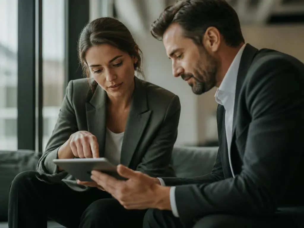 Two investors reviewing data on a tablet in a bright office