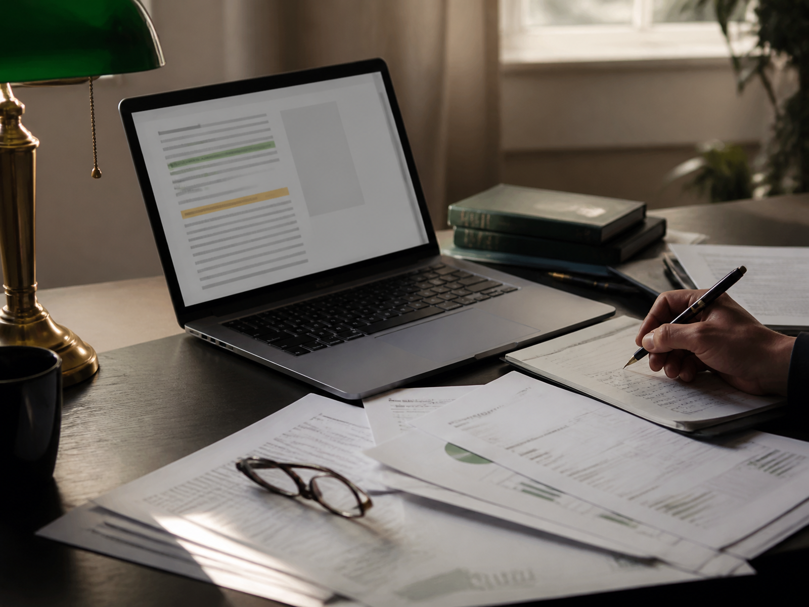 A reviewer annotating printed financial pages beside a laptop showing a highlighted document